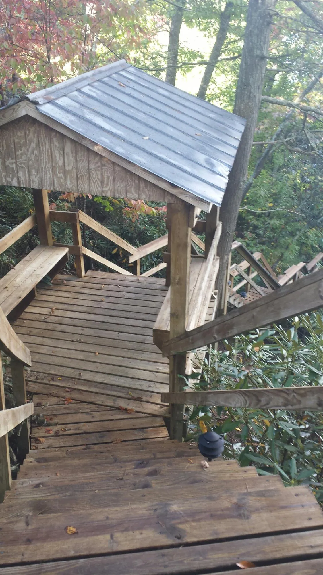 Metal roofed shelter over wooden steps on a wooded walkway — Skylight Repair & Installation work by our crew in Appling